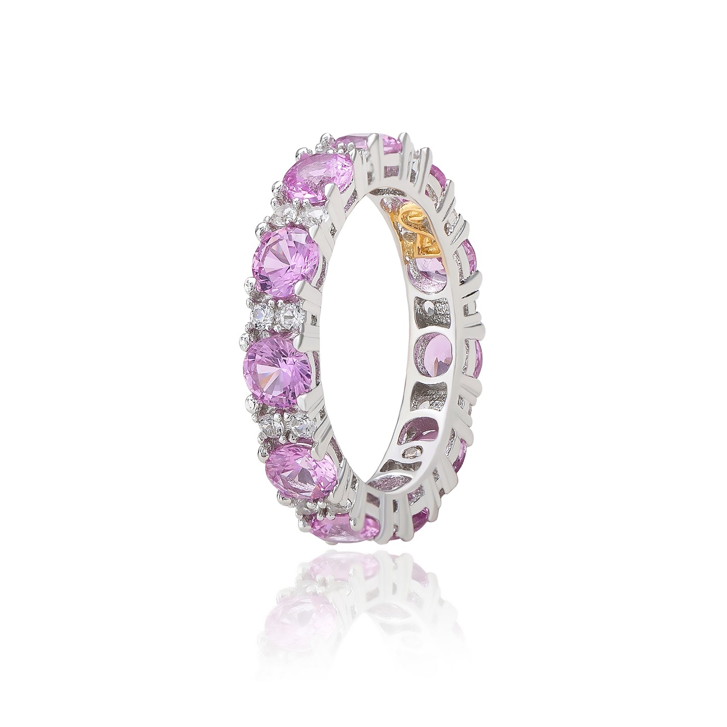 Suzy Levian Sterling Silver Round Cut Pink Sapphire and Diamond Accent Eternity Band
