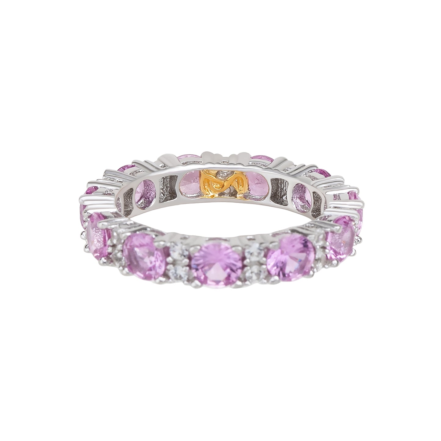 Suzy Levian Sterling Silver Round Cut Pink Sapphire and Diamond Accent Eternity Band