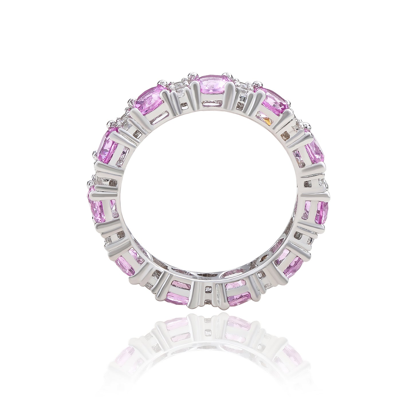 Suzy Levian Sterling Silver Round Cut Pink Sapphire and Diamond Accent Eternity Band