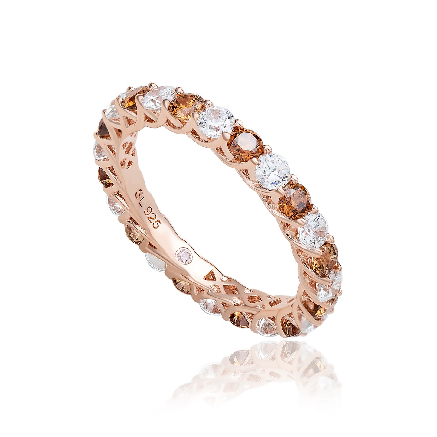 Suzy Levian Brown & White Cubic Zirconia in Rose Sterling Silver Eternity Band