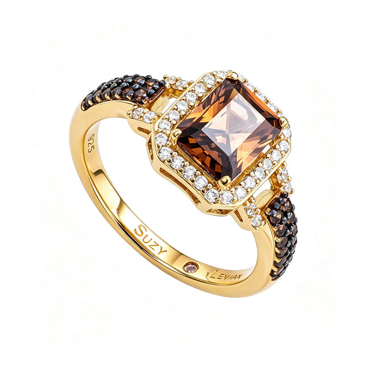 Suzy Levian Yellow Sterling Silver Emerald-Cut Brown and White Cubic Zirconia Halo Ring