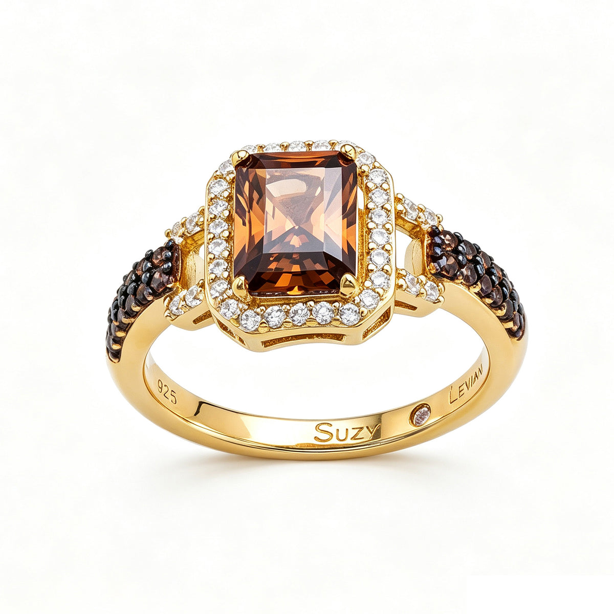 Suzy Levian Yellow Sterling Silver Emerald-Cut Brown and White Cubic Zirconia Halo Ring