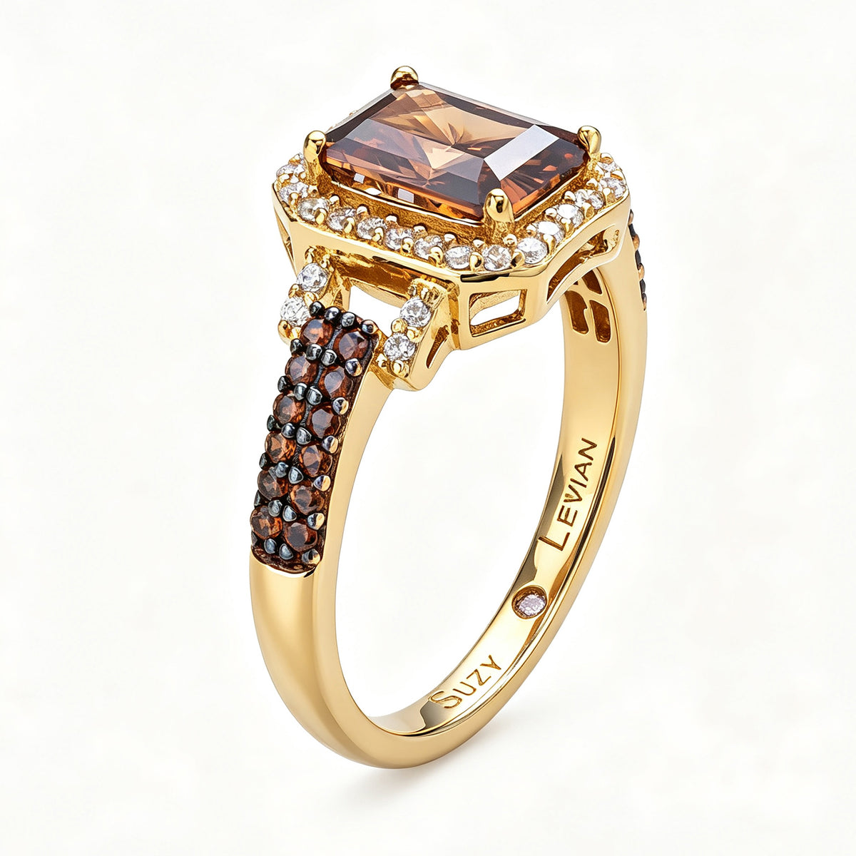 Suzy Levian Yellow Sterling Silver Emerald-Cut Brown and White Cubic Zirconia Halo Ring