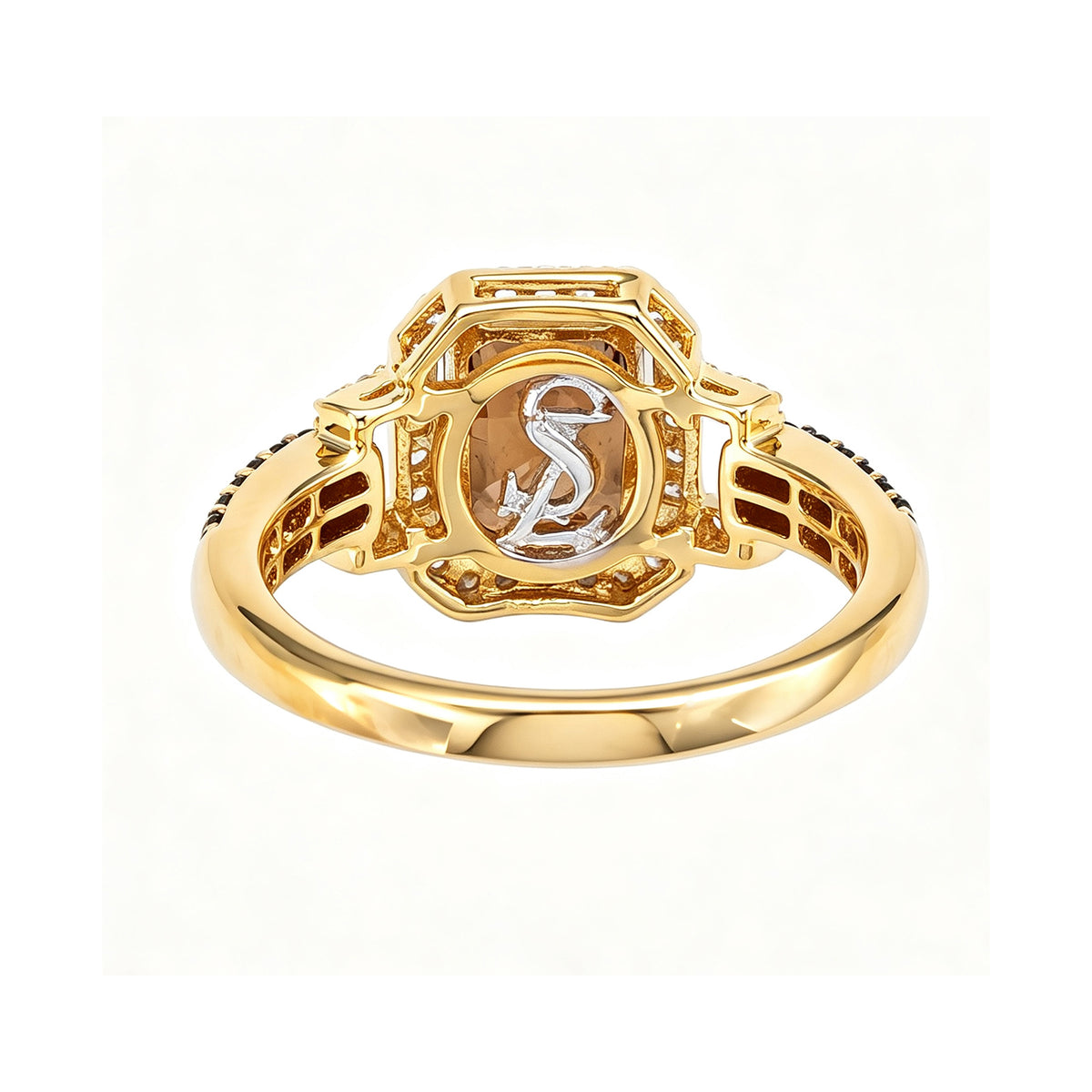Suzy Levian Yellow Sterling Silver Emerald-Cut Brown and White Cubic Zirconia Halo Ring