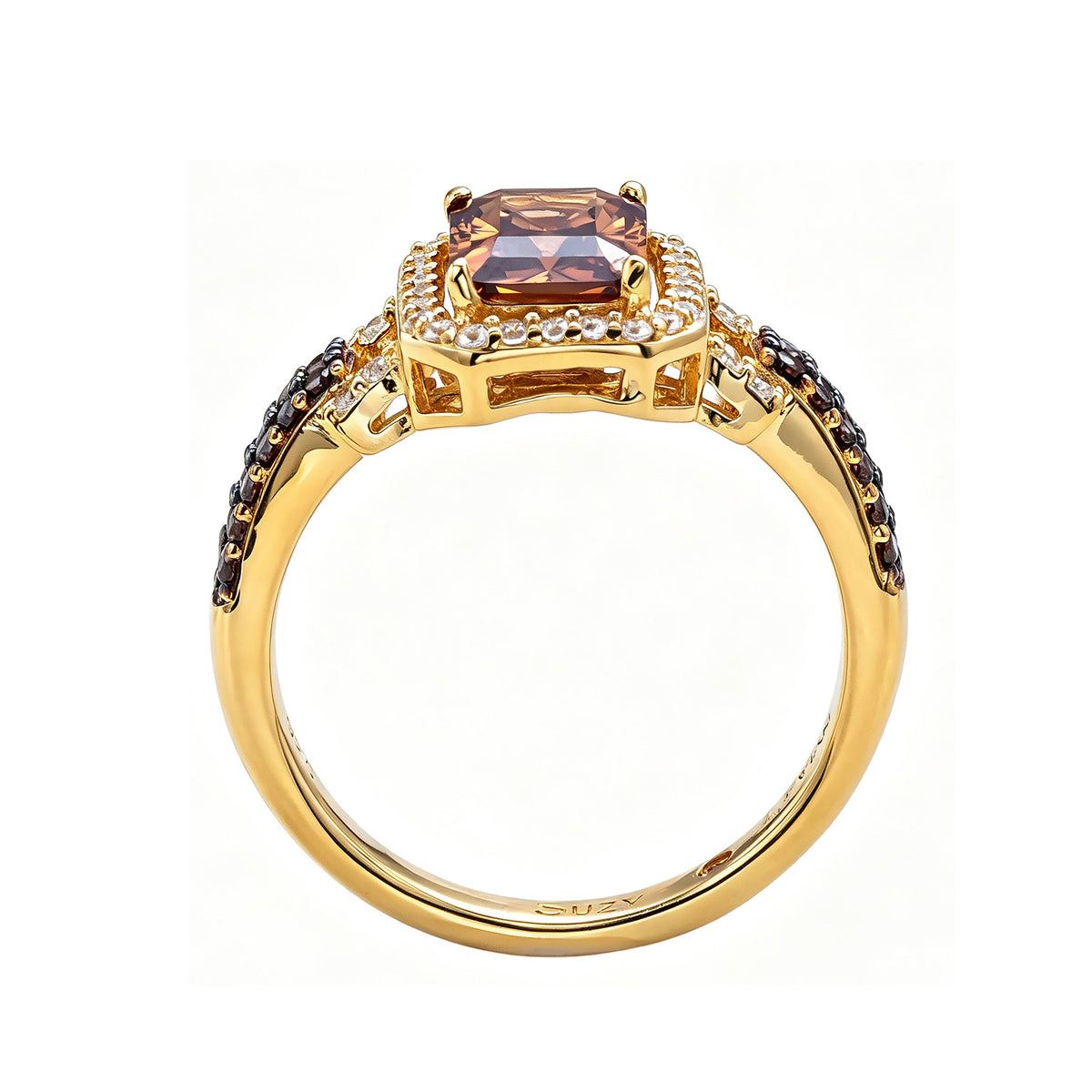 Suzy Levian Yellow Sterling Silver Emerald-Cut Brown and White Cubic Zirconia Halo Ring