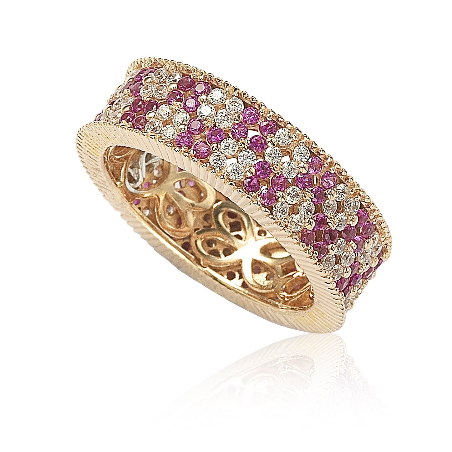 Suzy Levian Rose Sterling Silver Ruby and White Cubic Zirconia Floral Eternity Band