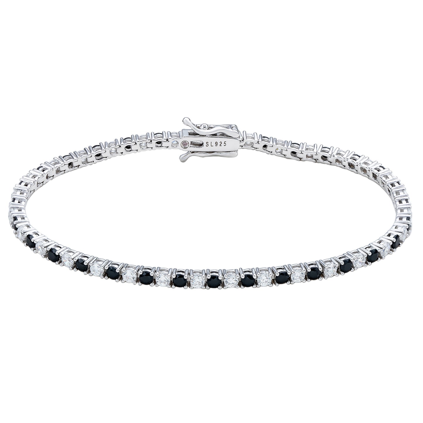 Suzy Levian Black White Cubic Zirconia Sterling Silver 7 inch Tennis Bracelet