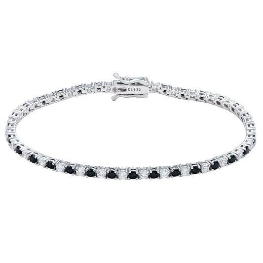 Suzy Levian Black White Cubic Zirconia Sterling Silver 7 inch Tennis Bracelet