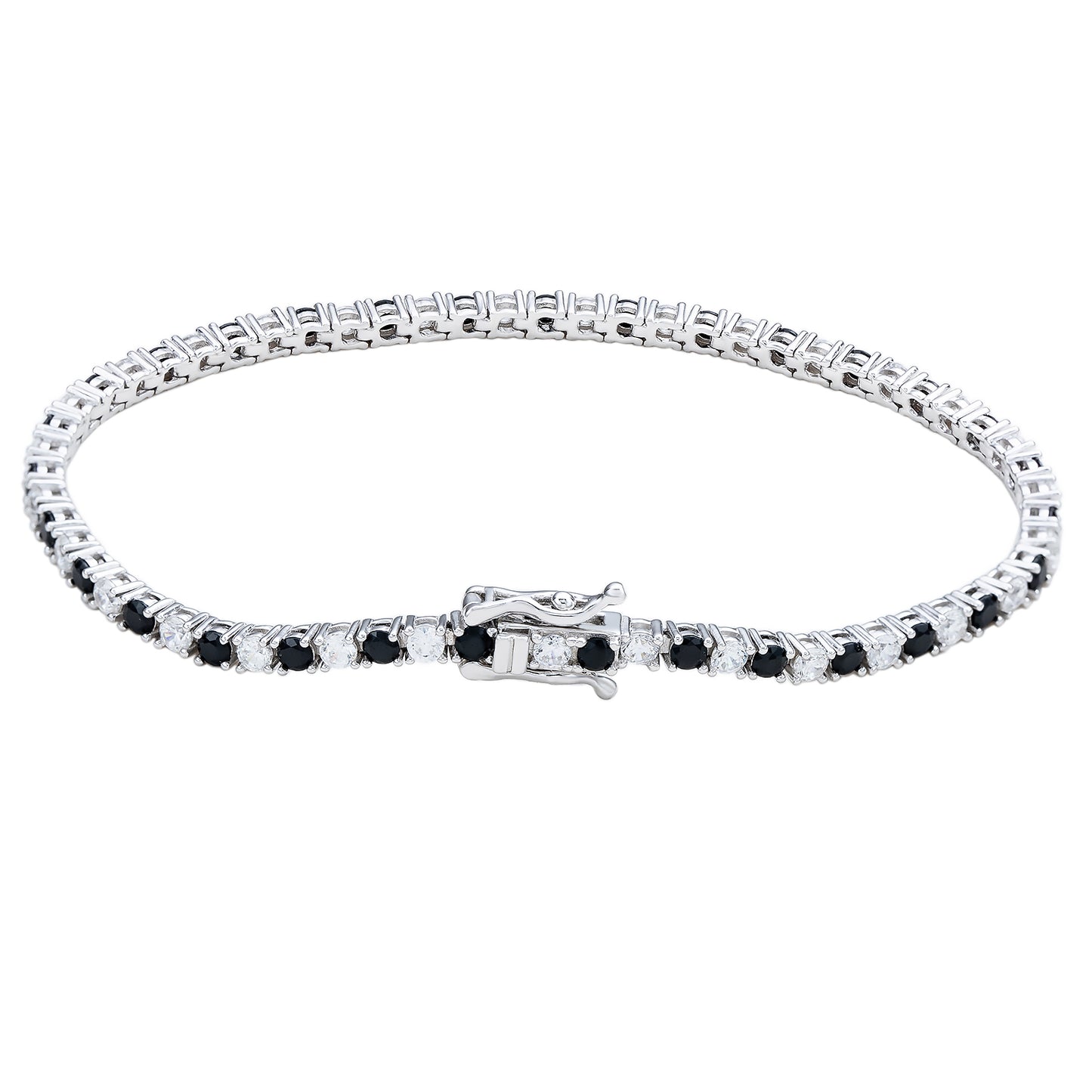 Suzy Levian Black White Cubic Zirconia Sterling Silver 7 inch Tennis Bracelet