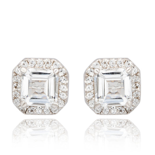 Suzy Levian Sterling Silver Ascher Cut White Topaz Halo Stud Earrings