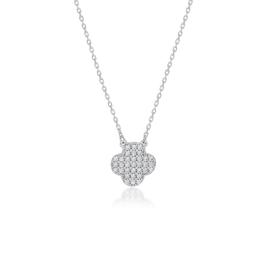 Suzy Levian White Sterling Silver Cubic Zirconia Pave Clover Necklace