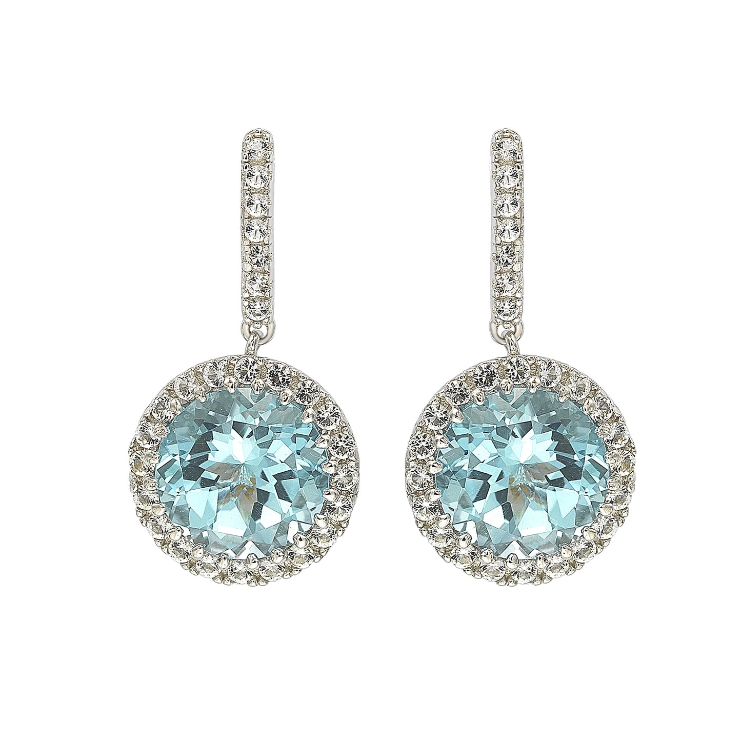 Suzy Levian Sterling Silver Round Cut Blue Topaz And White Topaz Drop Earrings