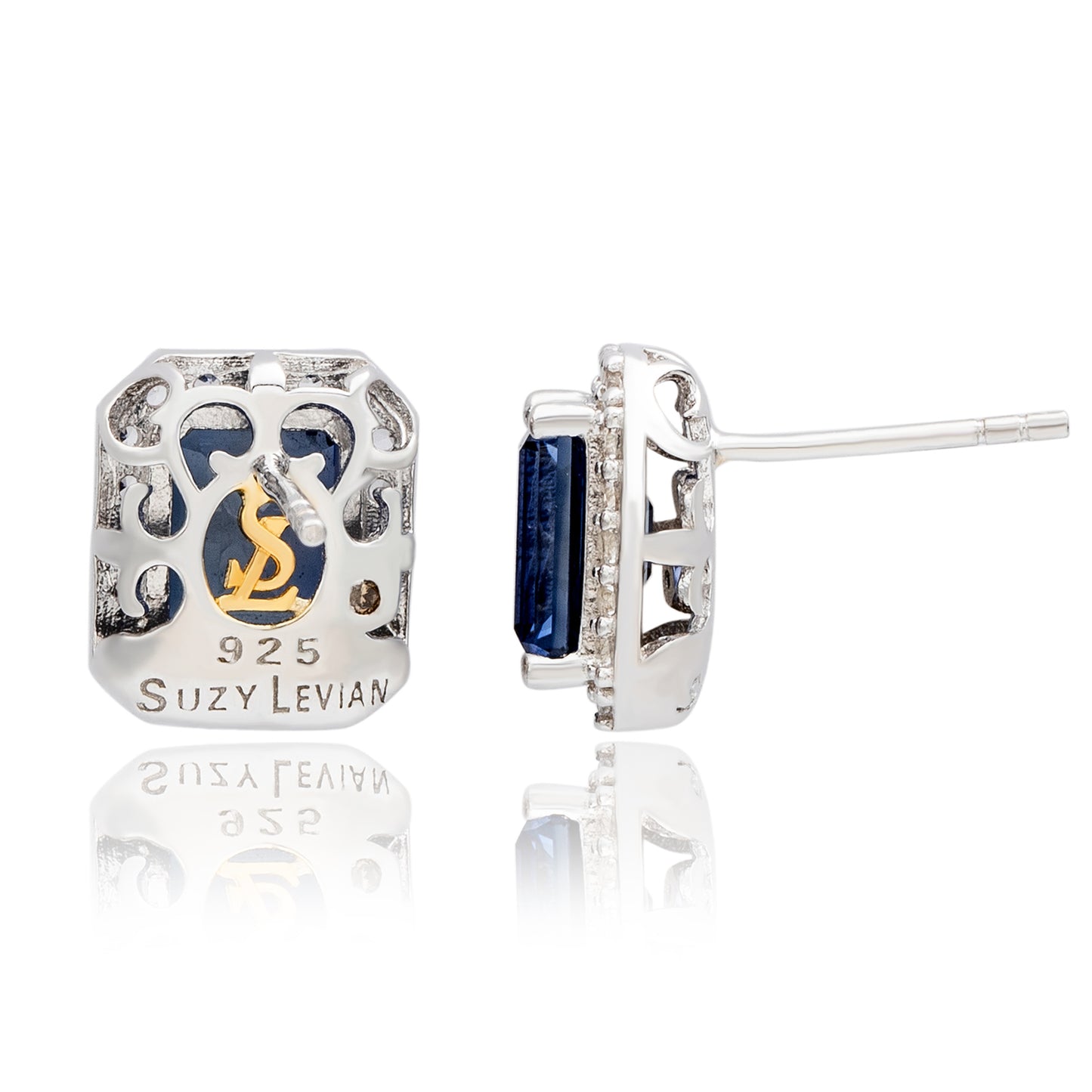 Suzy Levian Sterling Silver Emerald Cut Blue Sapphire Diamond Accent Halo Stud Earrings