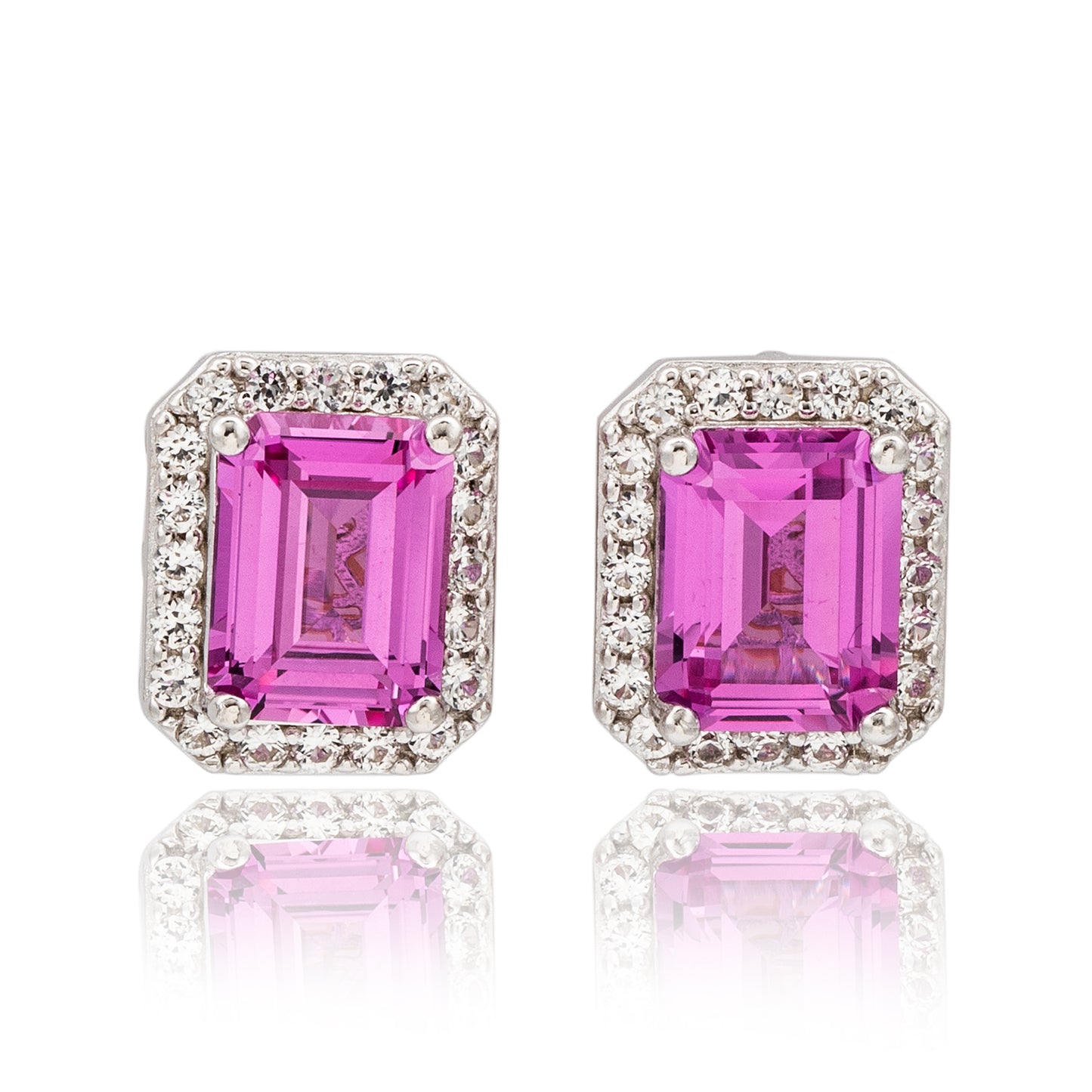 Suzy Levian Sterling Silver Emerald Cut Pink Sapphire Diamond Accent Halo Stud Earrings