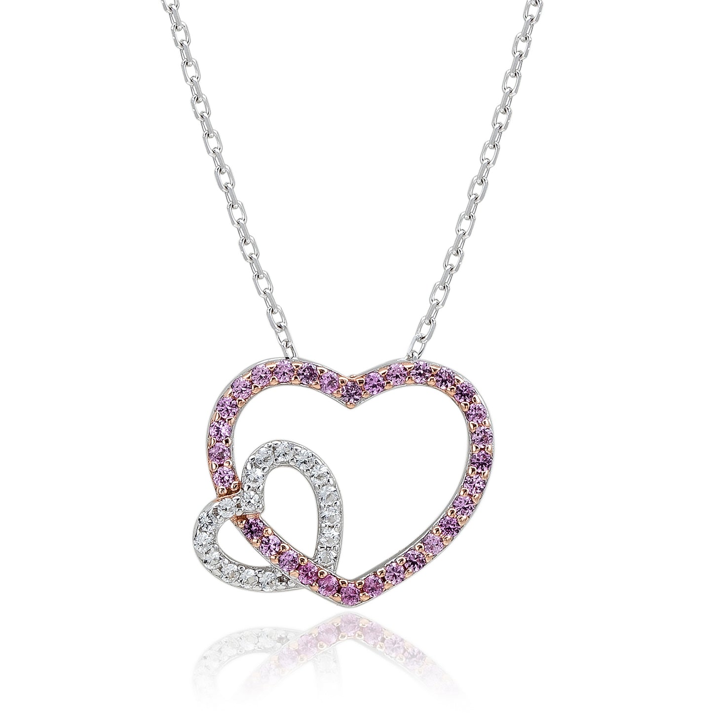 Suzy Levian Sterling Silver Pink & White Sapphire and Diamond Accent Double Heart Pendant