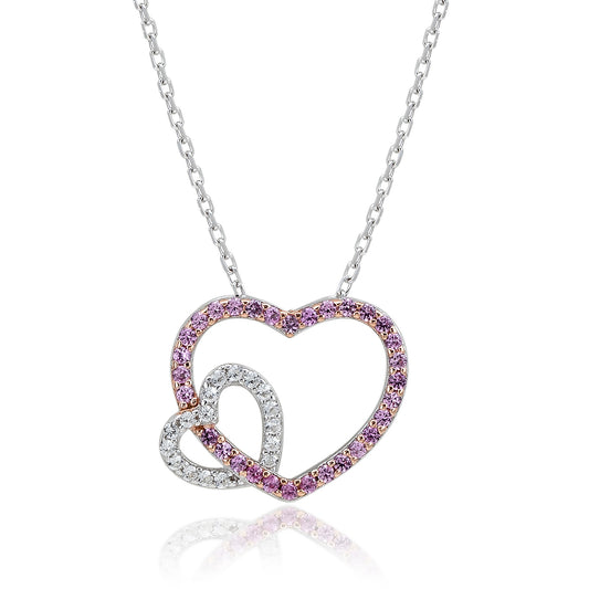 Suzy Levian Sterling Silver Pink & White Sapphire and Diamond Accent Double Heart Pendant