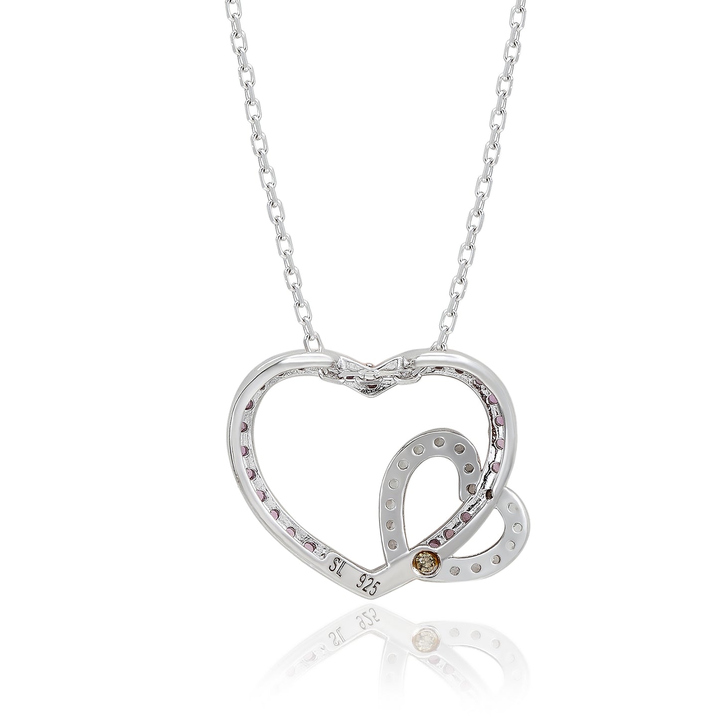 Suzy Levian Sterling Silver Pink & White Sapphire and Diamond Accent Double Heart Pendant