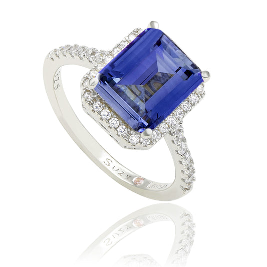 Suzy Levian Sterling Silver Large Emerald-Cut Blue and White Cubic Zirconia Halo Ring