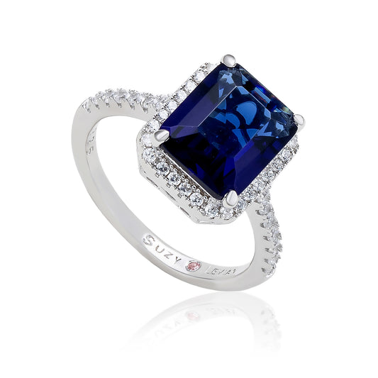 Suzy Levian Sterling Silver Large Emerald-Cut Blue and White Cubic Zirconia Halo Ring