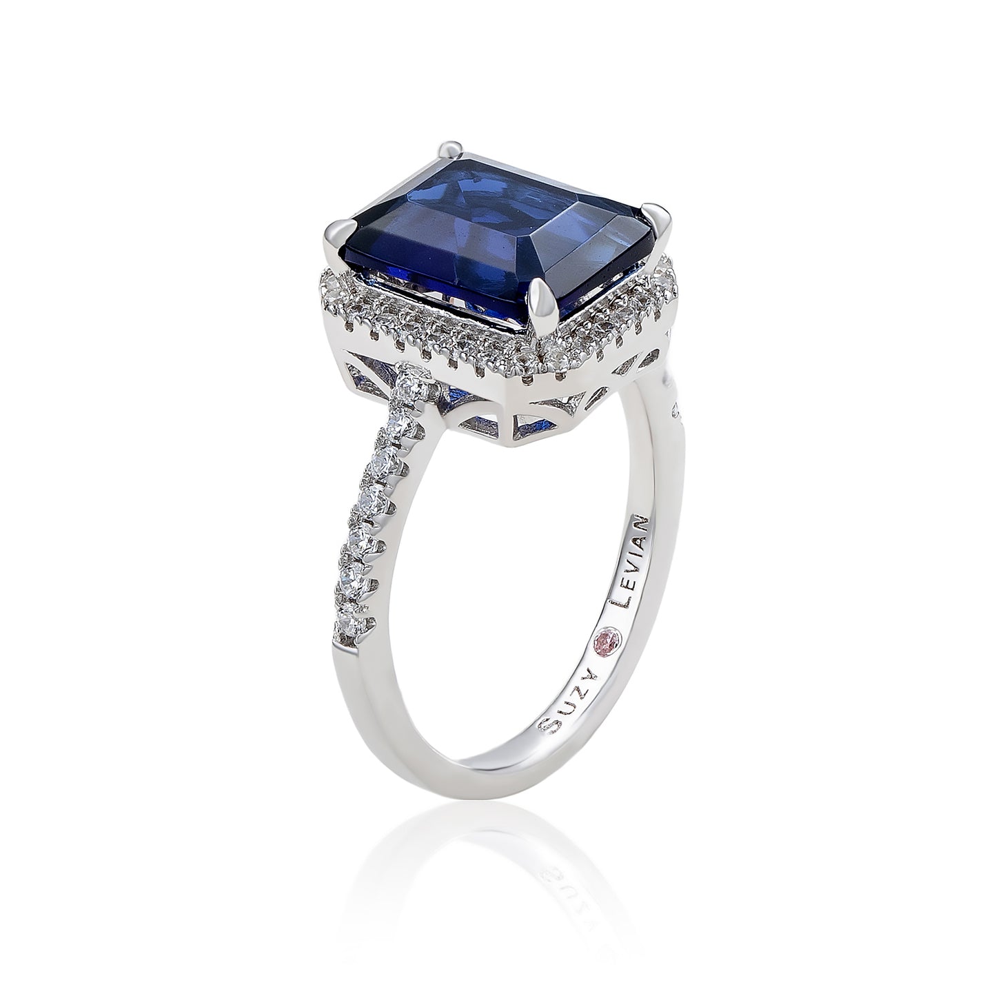 Suzy Levian Sterling Silver Large Emerald-Cut Blue and White Cubic Zirconia Halo Ring