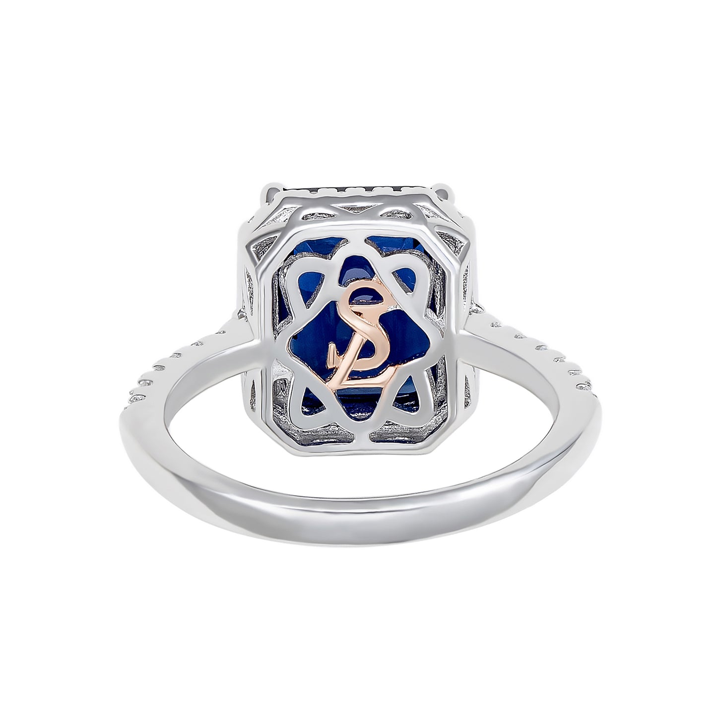Suzy Levian Sterling Silver Large Emerald-Cut Blue and White Cubic Zirconia Halo Ring