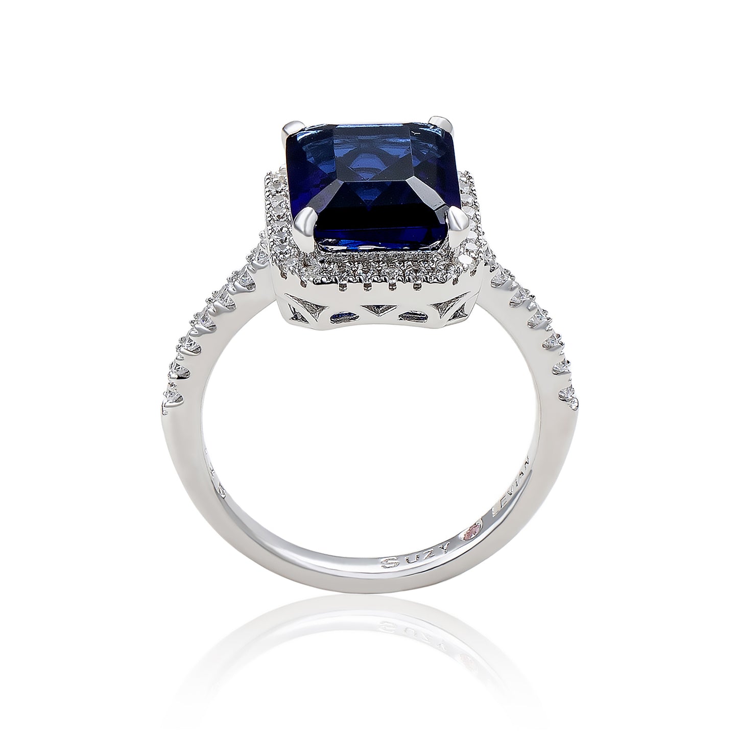 Suzy Levian Sterling Silver Large Emerald-Cut Blue and White Cubic Zirconia Halo Ring