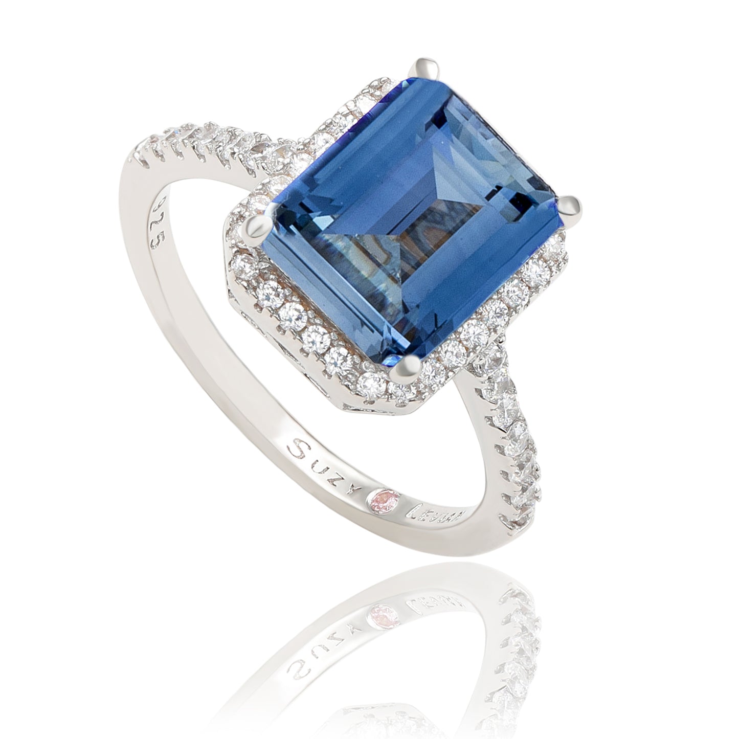 Suzy Levian Sterling Silver Large Emerald-Cut Blue and White Cubic Zirconia Halo Ring