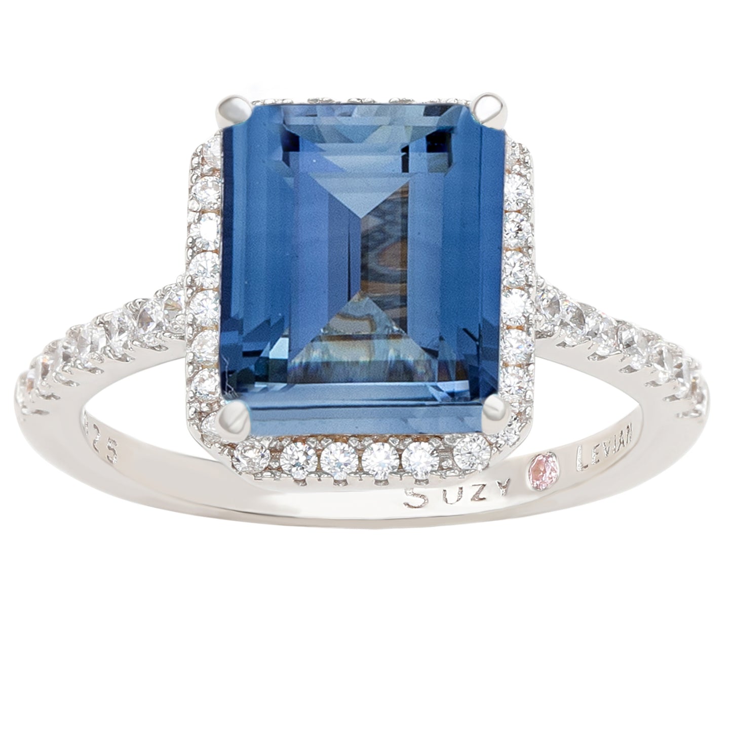 Suzy Levian Sterling Silver Large Emerald-Cut Blue and White Cubic Zirconia Halo Ring