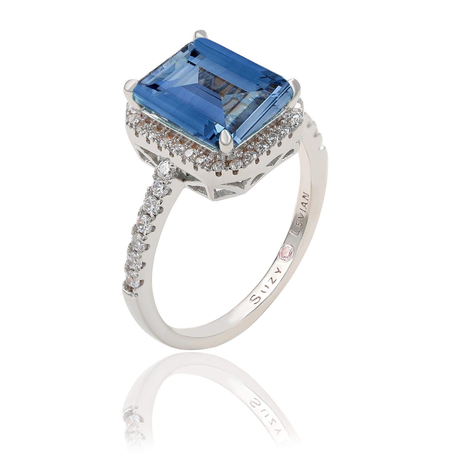 Suzy Levian Sterling Silver Large Emerald-Cut Blue and White Cubic Zirconia Halo Ring