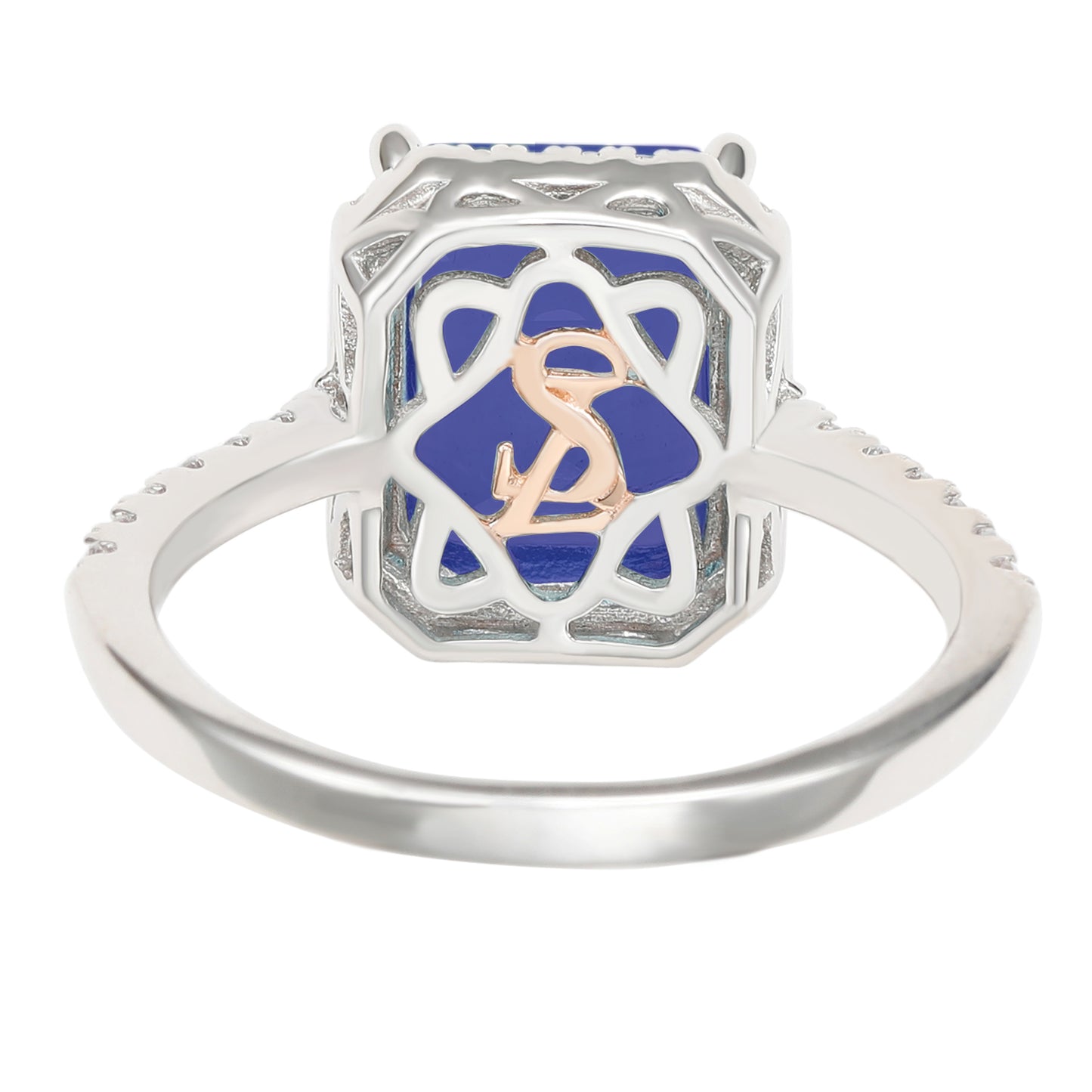 Suzy Levian Sterling Silver Large Emerald-Cut Blue and White Cubic Zirconia Halo Ring