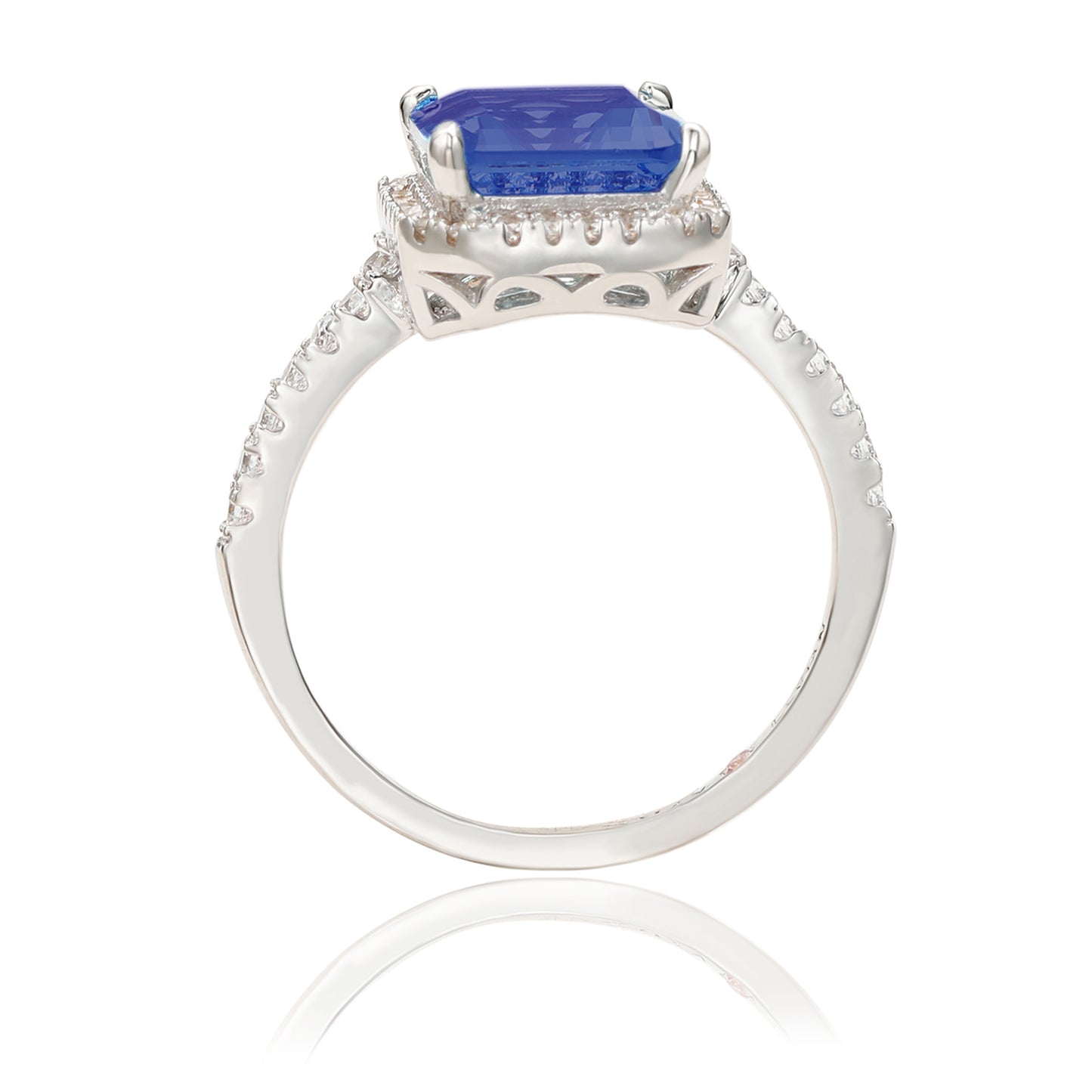 Suzy Levian Sterling Silver Large Emerald-Cut Blue and White Cubic Zirconia Halo Ring