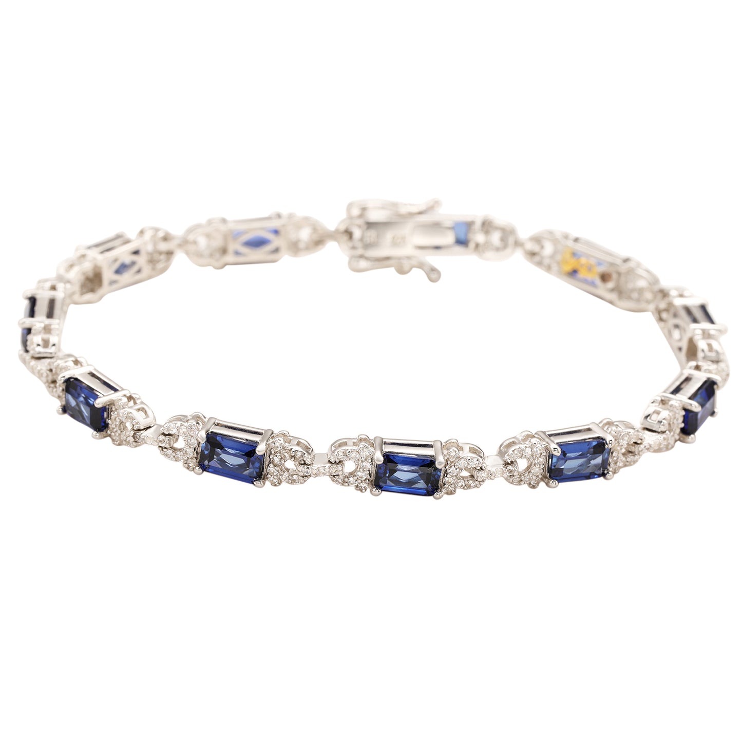 Suzy Levian Sterling Silver Emerald-Cut Blue Sapphire And Diamond Accent Tennis Bracelet