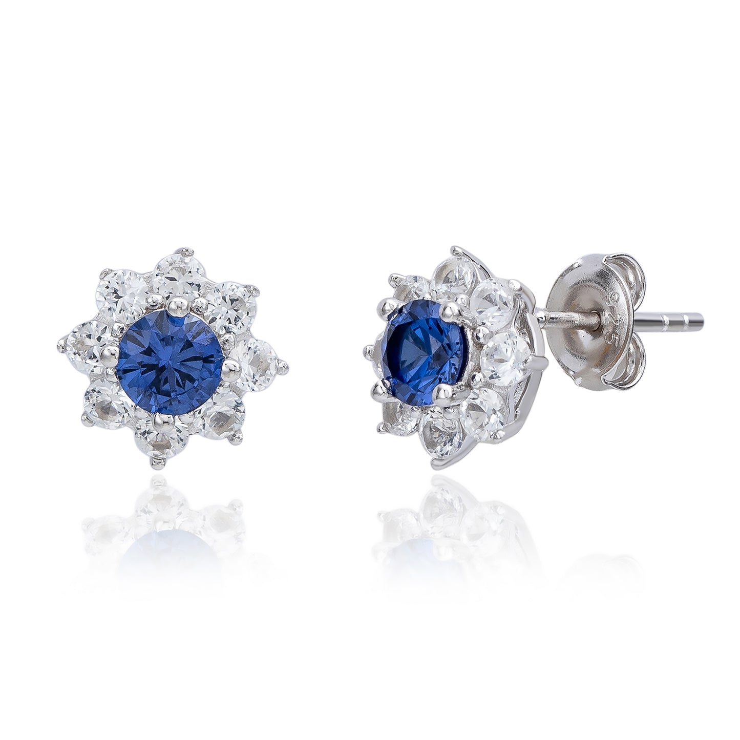 Suzy Levian Sterling Silver Blue Sapphire Flower Halo Stud Earrings
