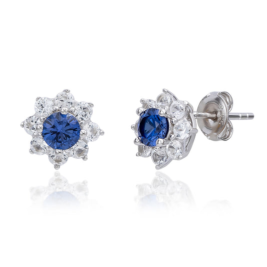 Suzy Levian Sterling Silver Blue Sapphire Flower Halo Stud Earrings
