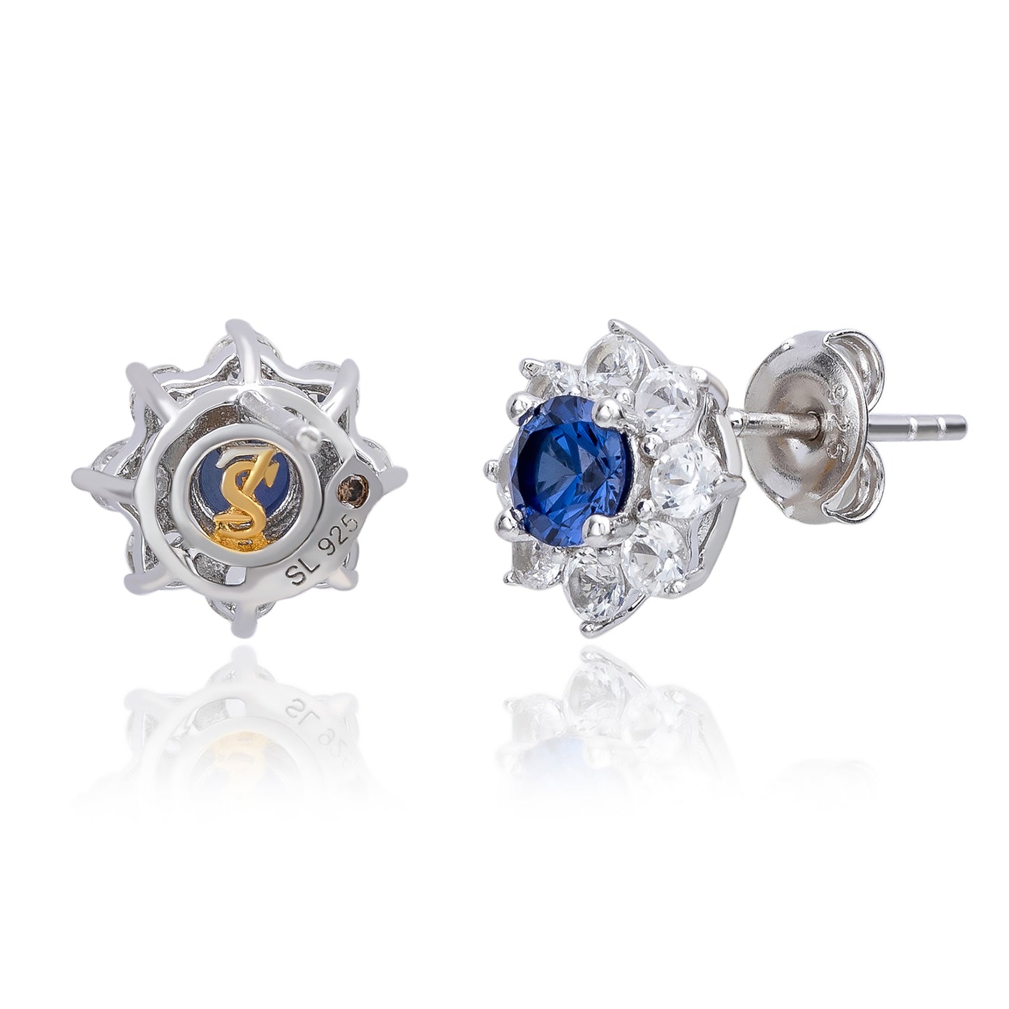 Suzy Levian Sterling Silver Blue Sapphire Flower Halo Stud Earrings