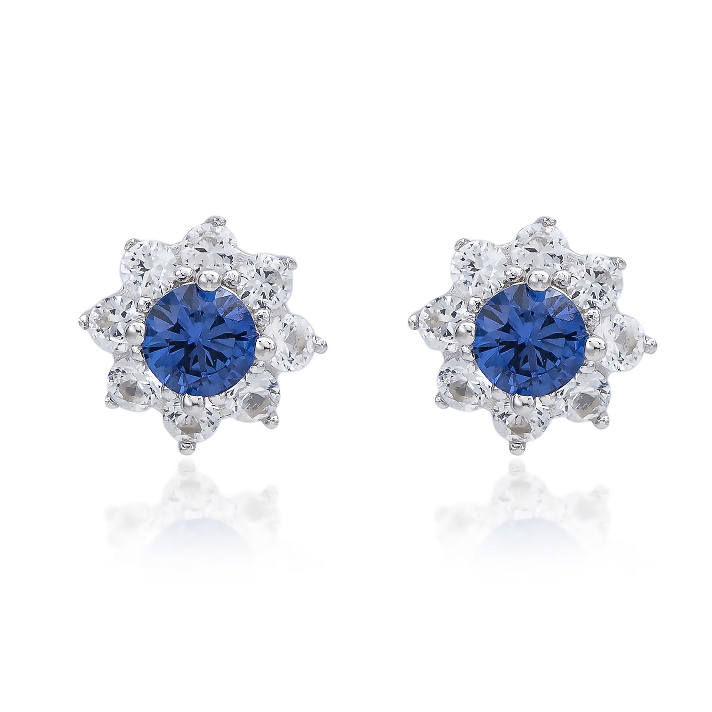 Suzy Levian Sterling Silver Blue Sapphire Flower Halo Stud Earrings