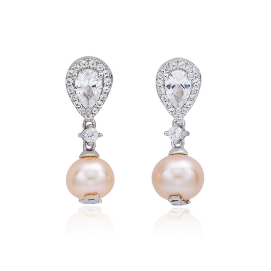 Suzy Levian Sterling Silver Pink Pearl & Pear Shape White Sapphire Earrings