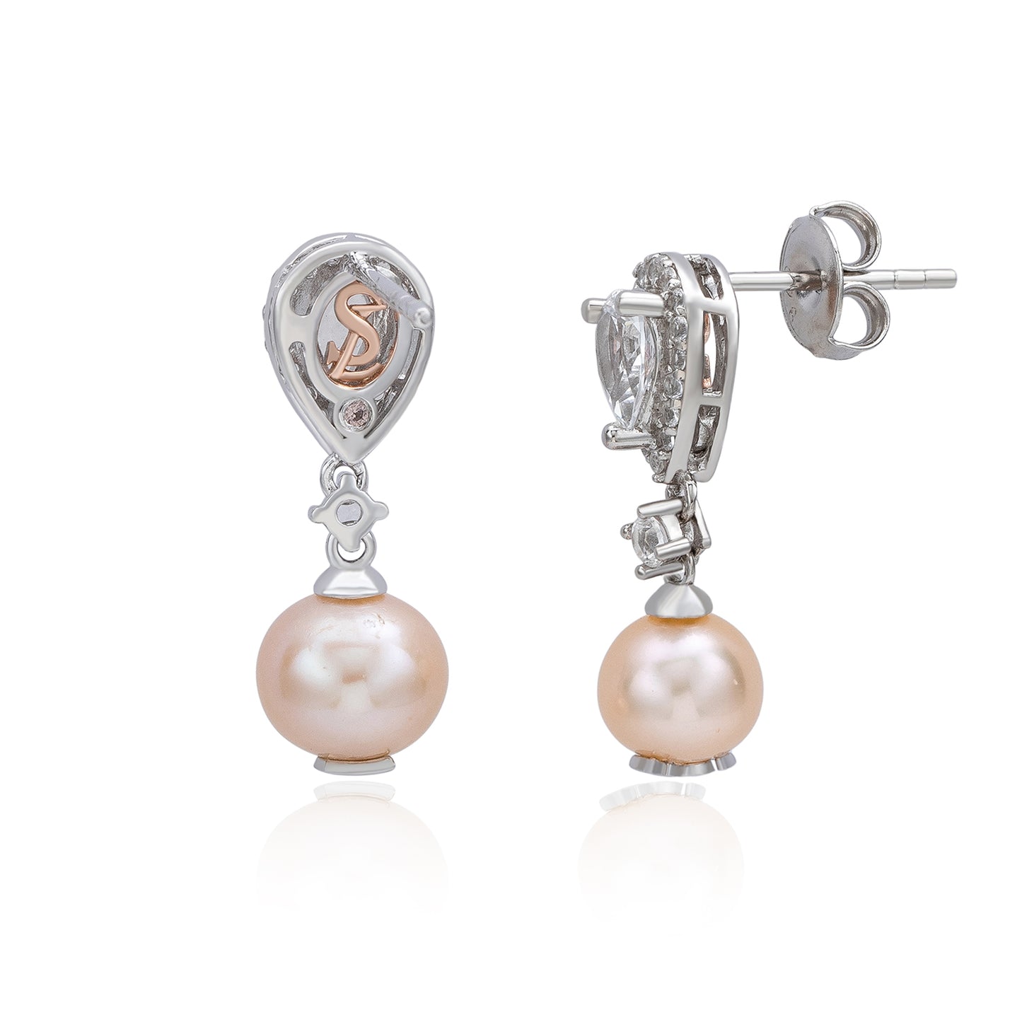 Suzy Levian Sterling Silver Pink Pearl & Pear Shape White Sapphire Earrings