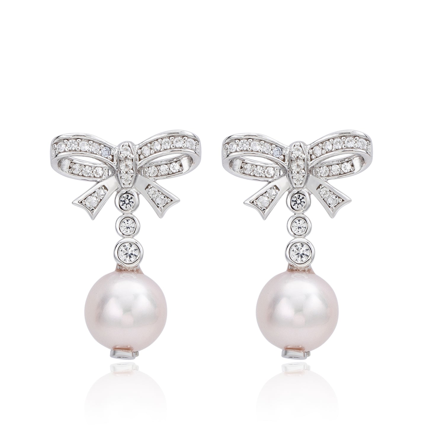 Suzy Levian Sterling Silver Pink Pearl & White Sapphire Bow Earrings