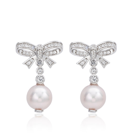 Suzy Levian Sterling Silver Pink Pearl & White Sapphire Bow Earrings