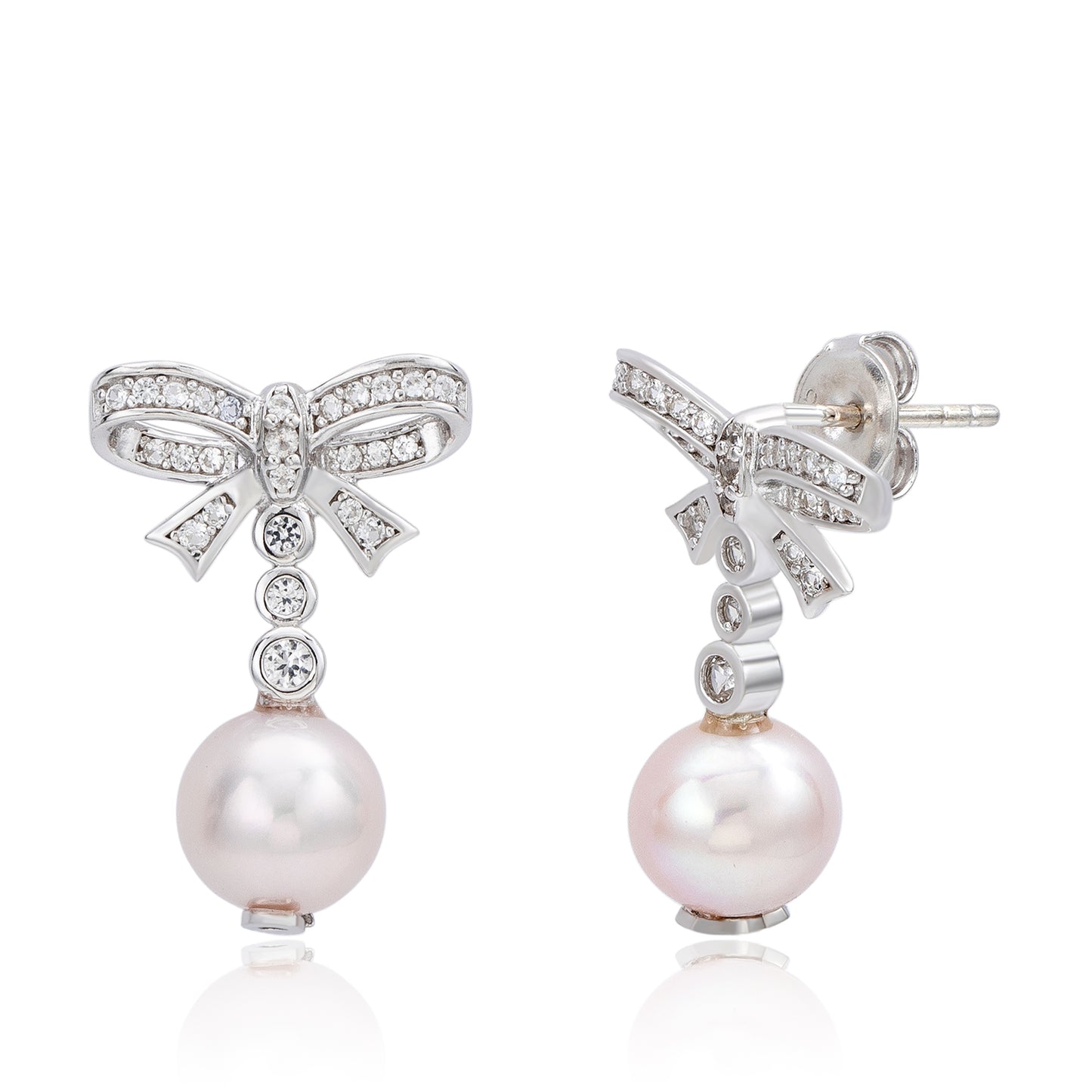 Suzy Levian Sterling Silver Pink Pearl & White Sapphire Bow Earrings