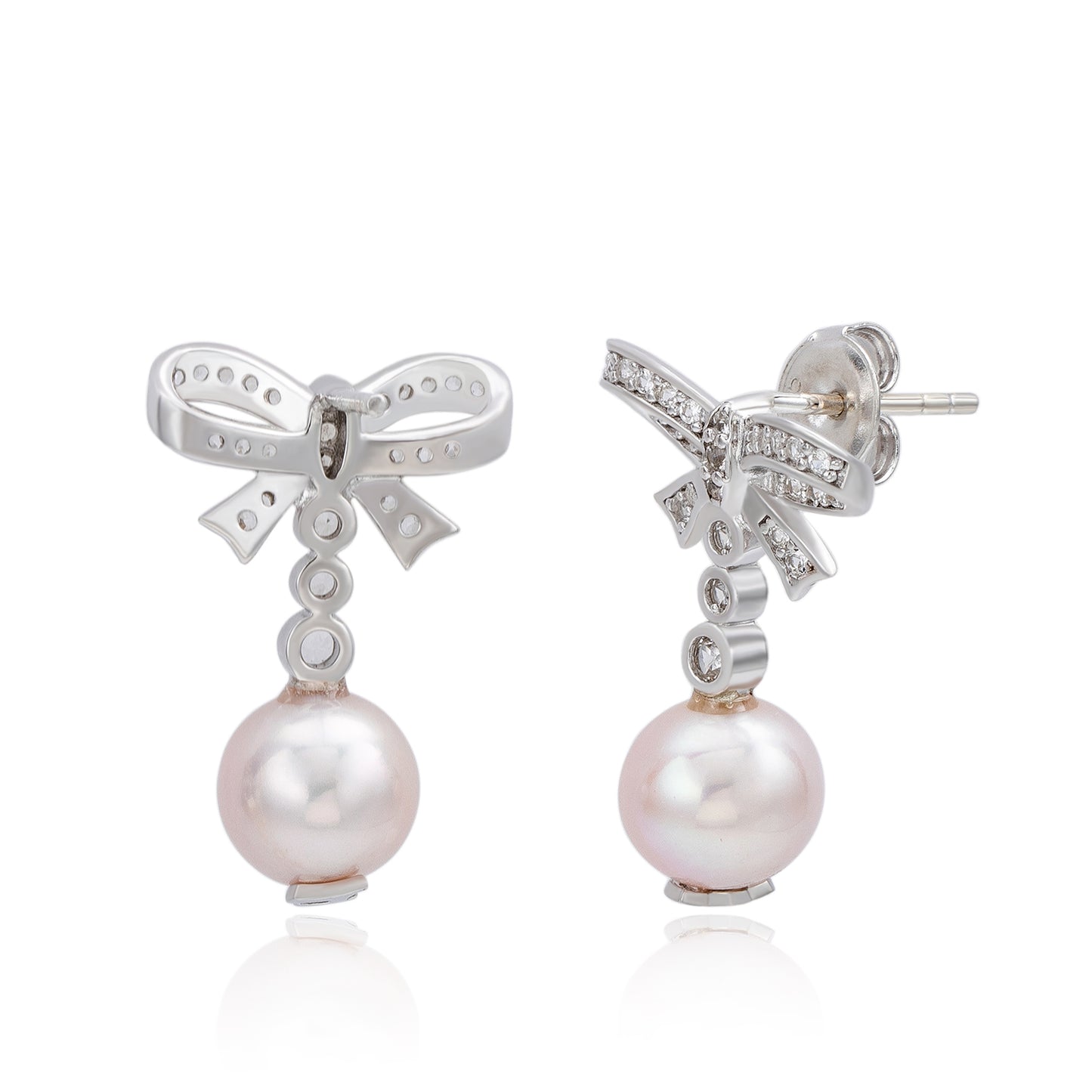 Suzy Levian Sterling Silver Pink Pearl & White Sapphire Bow Earrings