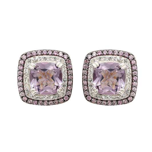 Suzy Levian Sterling Silver Cushion Cut Purple Amethyst And Sapphire Accent Stud Earrings