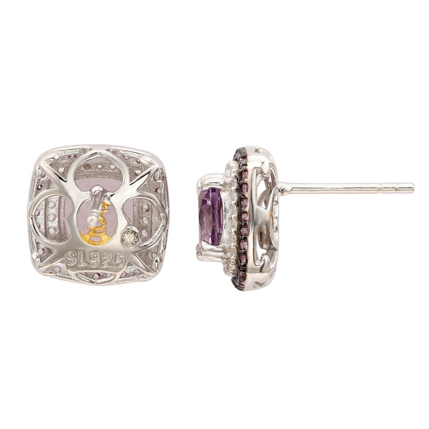 Suzy Levian Sterling Silver Cushion Cut Purple Amethyst And Sapphire Accent Stud Earrings