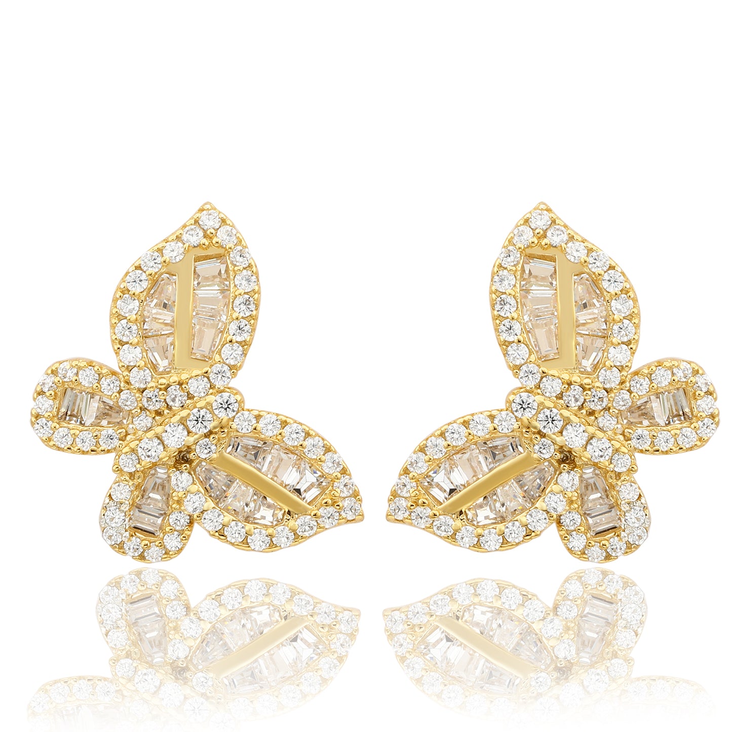 Suzy Levian Yellow Sterling Silver & White Cubic Zirconia Round And Baguette Cut Butterfly Earrings
