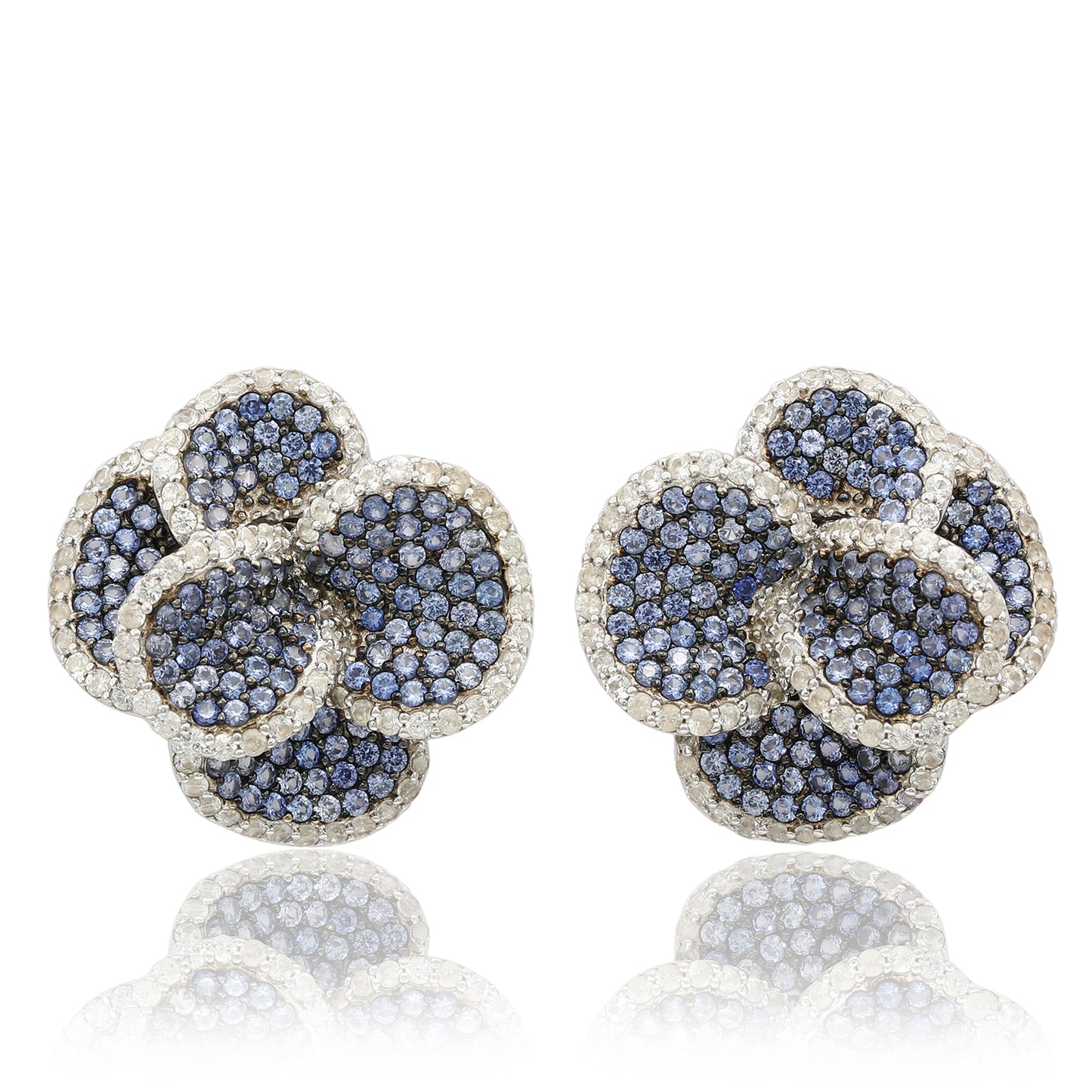 Suzy Levian Sterling Silver Blue Sapphire & White Sapphire Peony Flower Earrings