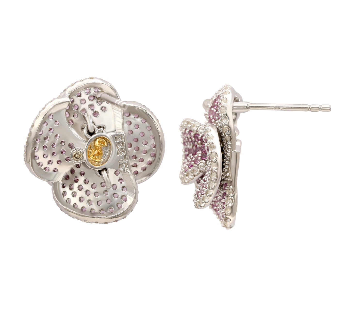 Suzy Levian Sterling Silver Pink Sapphire & White Sapphire Peony Flower Earrings