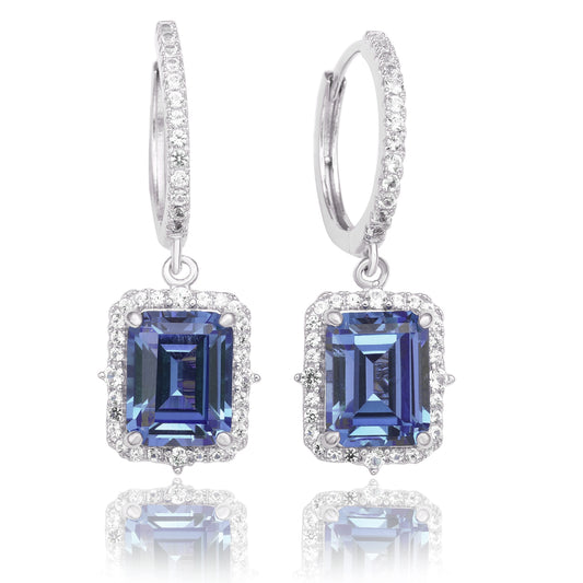 Suzy Levian Sterling Silver Blue Sapphire Emerald Cut Halo Dangling Earrings