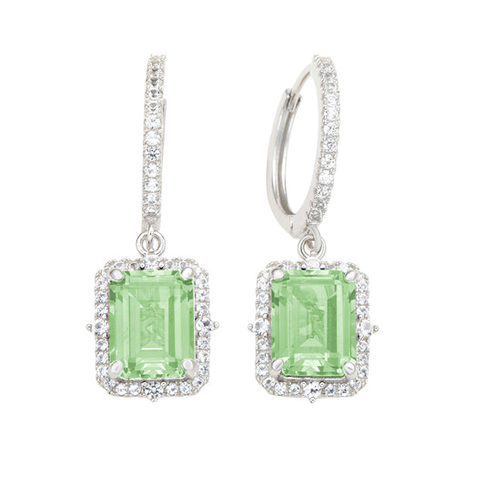 Suzy Levian Sterling Silver Emerald Cut Green Amethyst & White Topaz Halo Dangling Earrings