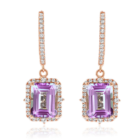 Suzy Levian Rose Sterling Silver Emerald Cut Purple Amethyst & White Topaz Halo Dangling Earrings